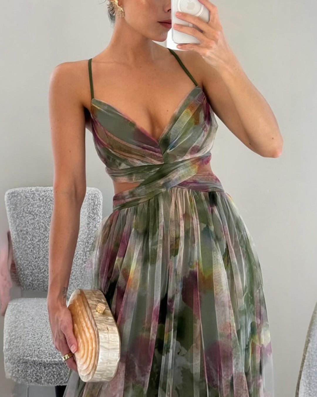 Aude | Robe Longue à Fines Bretelles et Imprimé Aquarelle