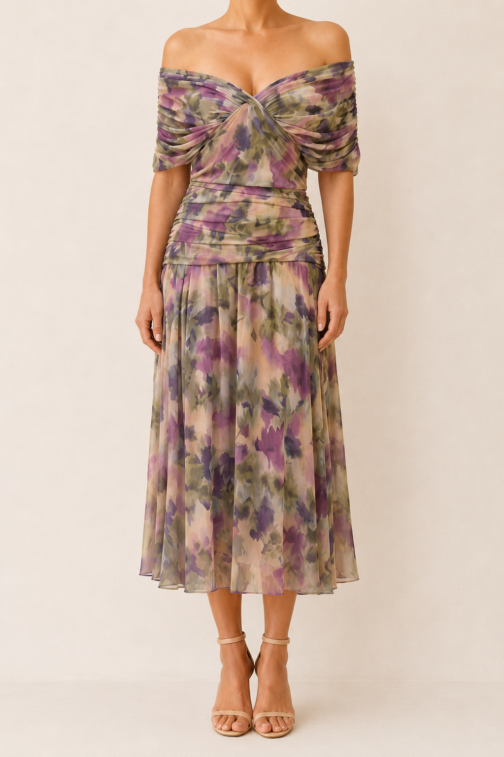 Constance | Robe midi drapée à épaules dénudées