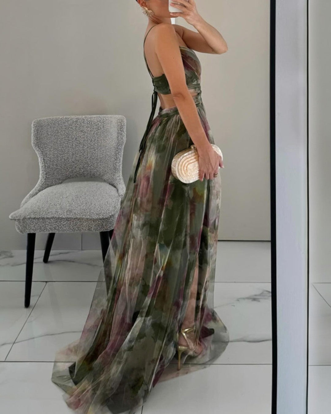 Aude | Robe Longue à Fines Bretelles et Imprimé Aquarelle
