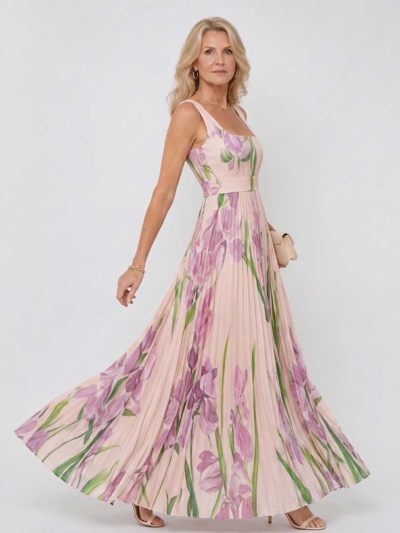 Marthe | Robe Longue Plissée Sans Manches à Imprimé Iris
