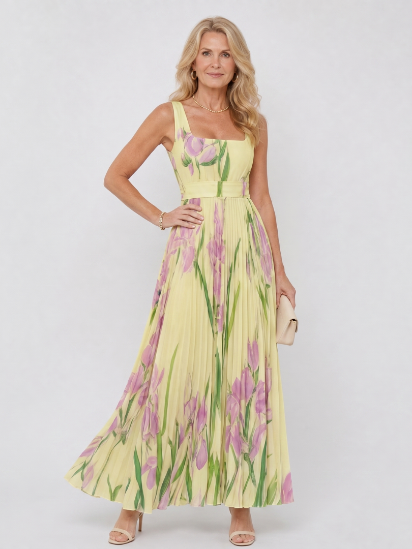 Marthe | Robe Longue Plissée Sans Manches à Imprimé Iris