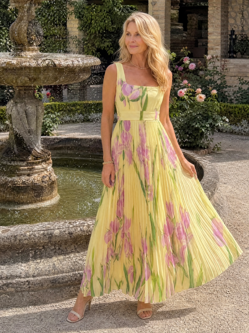Marthe | Robe Longue Plissée Sans Manches à Imprimé Iris