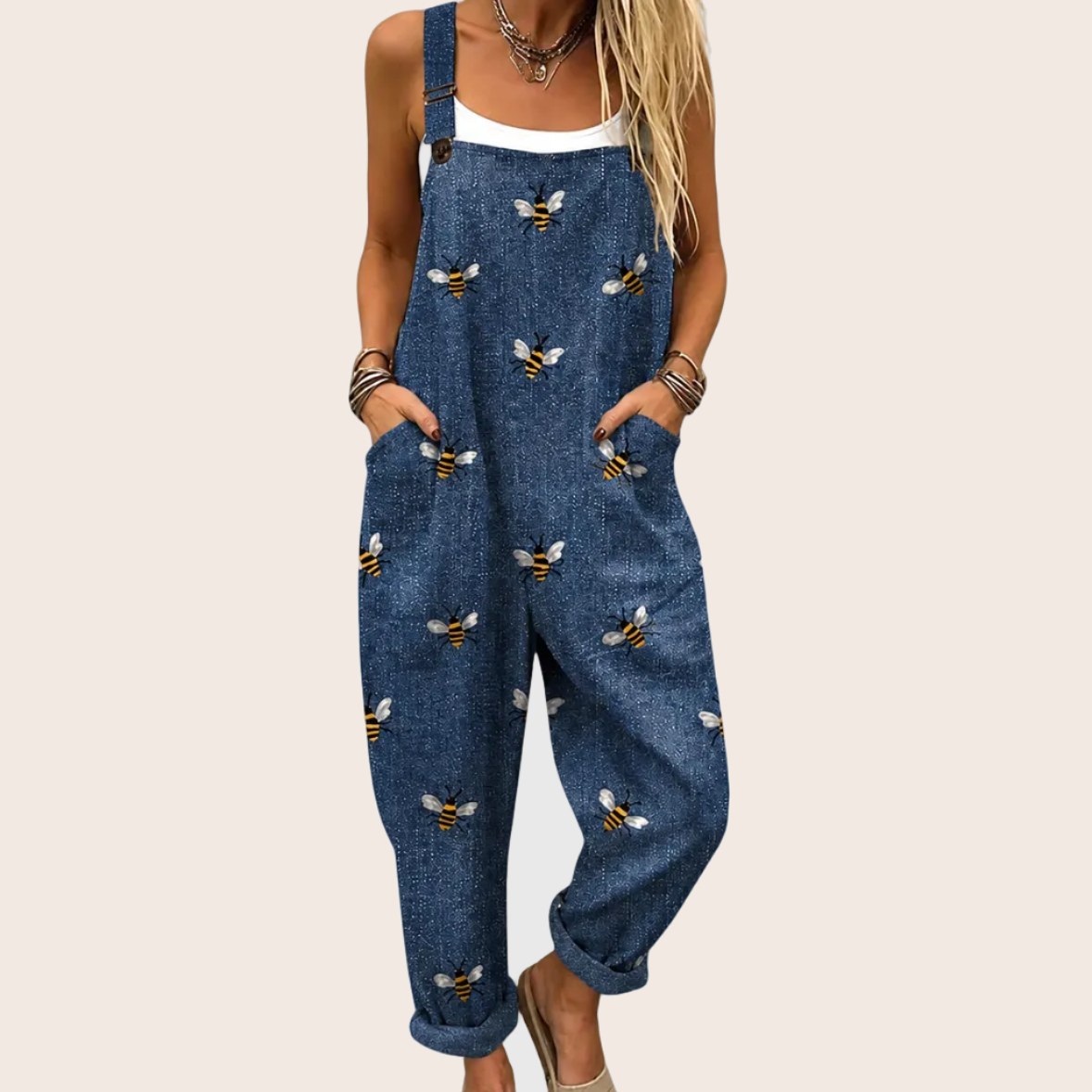 Mélodie | Salopette ample effet denim à motif abeilles