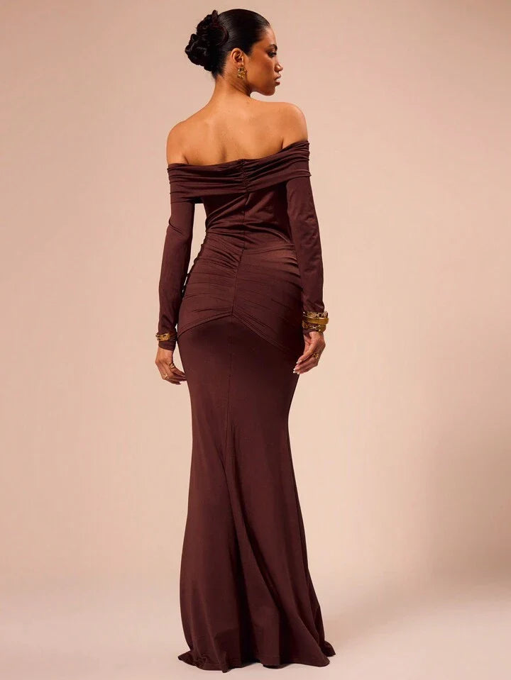 Maria | Robe Maxi Épaules Dénudées avec Drapé