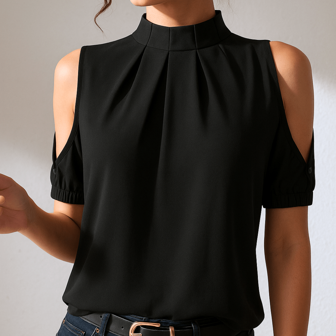 Inga | Blouse Noire à Col Montant et Épaules Ajourées