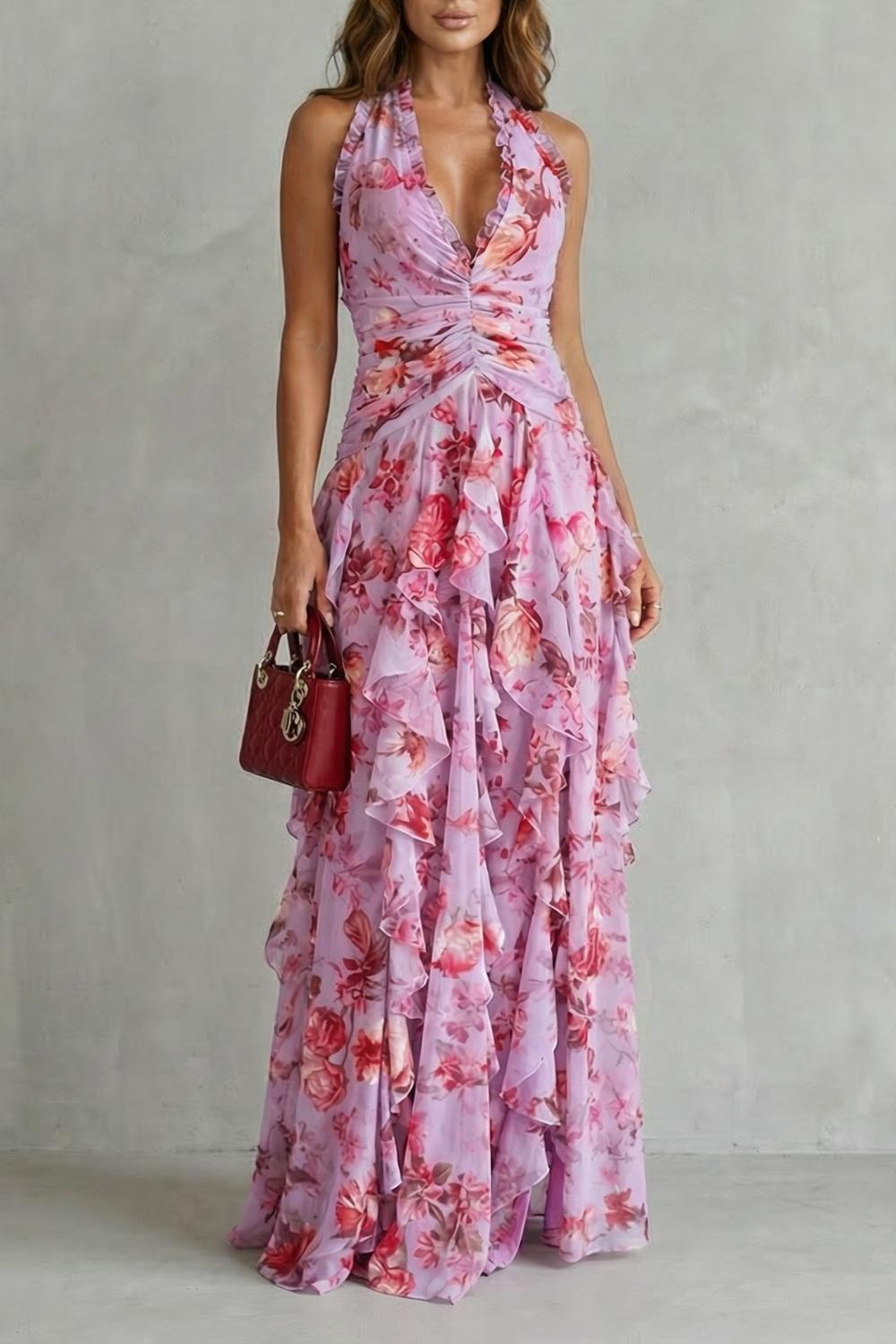 Ludivine | Robe Longue Fleurie à Volants en Cascade et Dos Nu