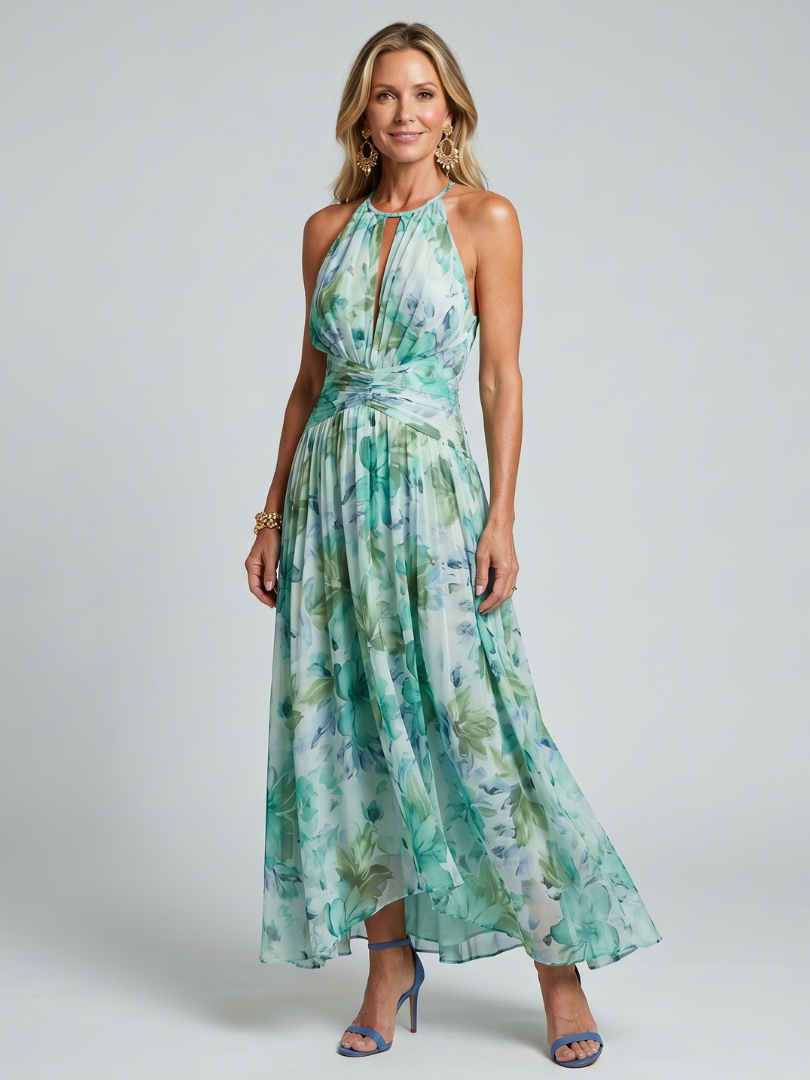 Gaëlle | Robe Longue Fleurie à Encolure Américaine et Jupe Plissée