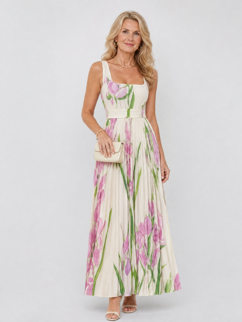 Marthe | Robe Longue Plissée Sans Manches à Imprimé Iris