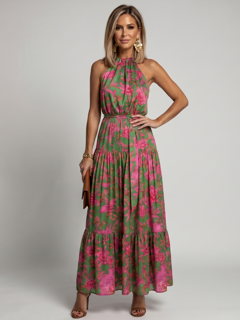 Myriam | Robe Longue Fleurie à Ceinture à Nouer et Jupe à Volants