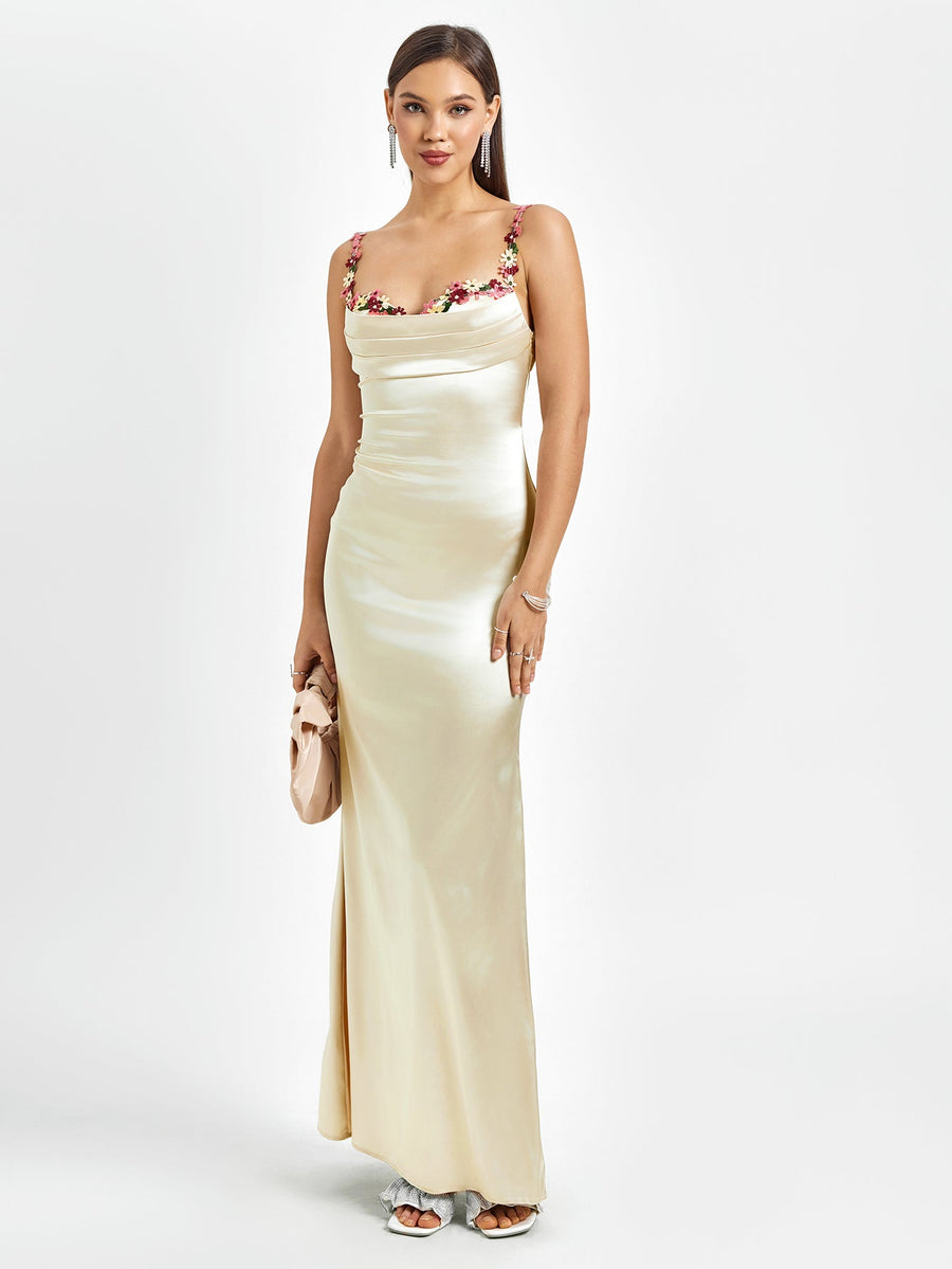 Francesca | Robe Maxi Satinée avec Détails Fleuris