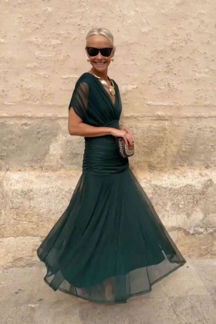 Constance | Robe midi drapée à épaules dénudées
