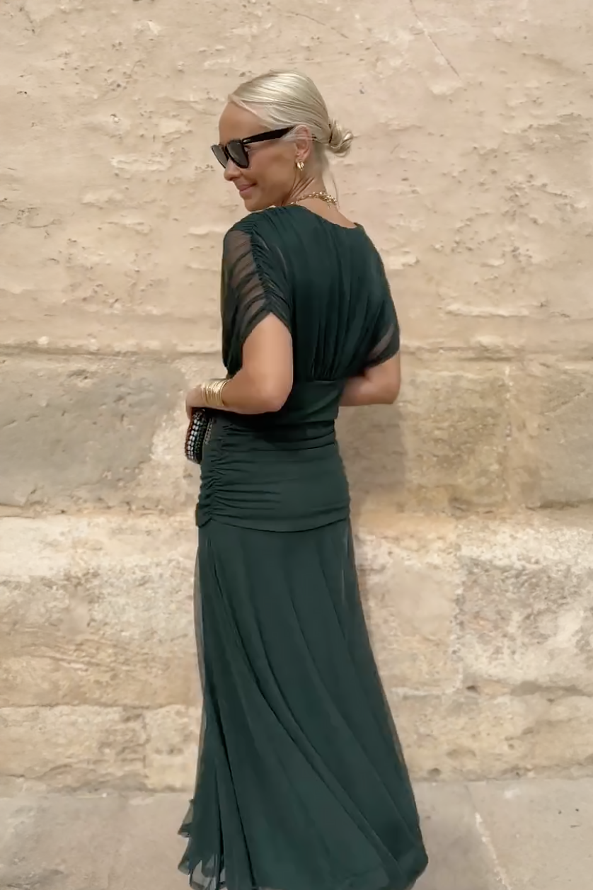 Constance | Robe midi drapée à épaules dénudées