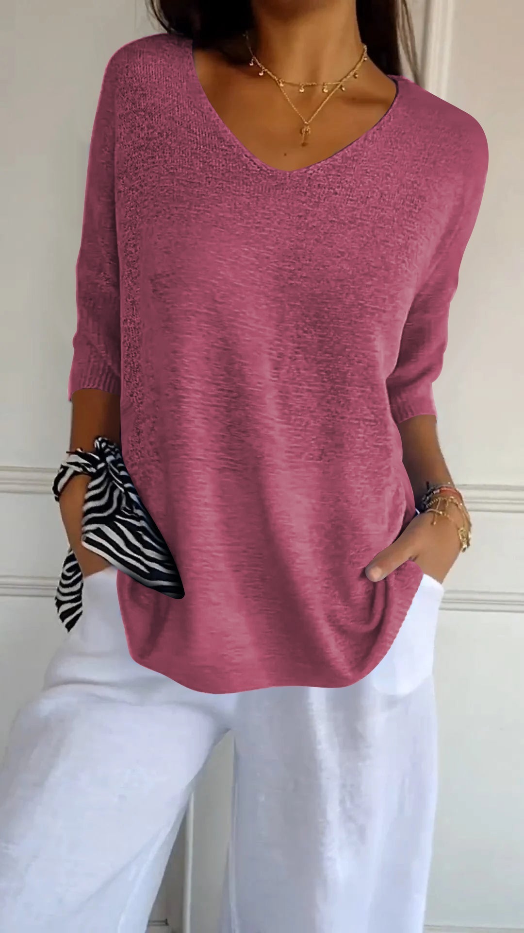 Anaïs | Top en Maille Fine à Col V et Manches Trois-Quarts
