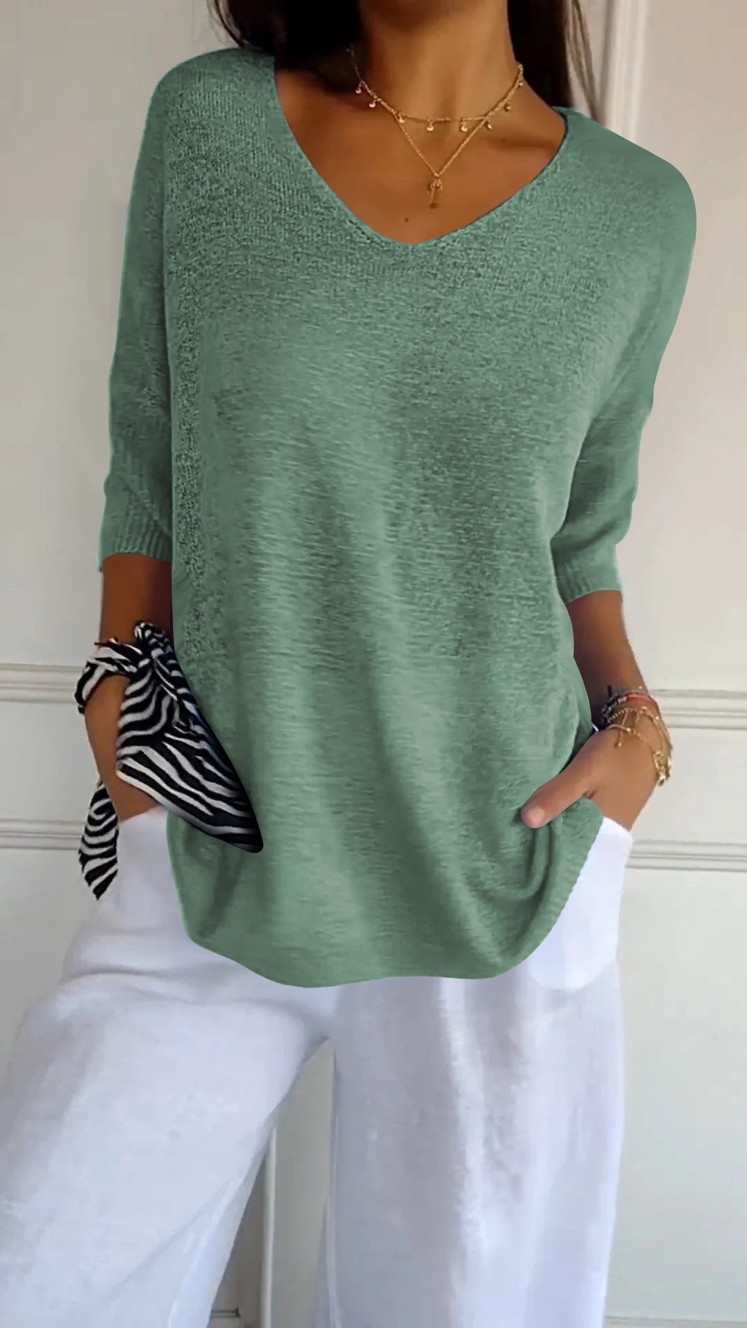 Anaïs | Top en Maille Fine à Col V et Manches Trois-Quarts
