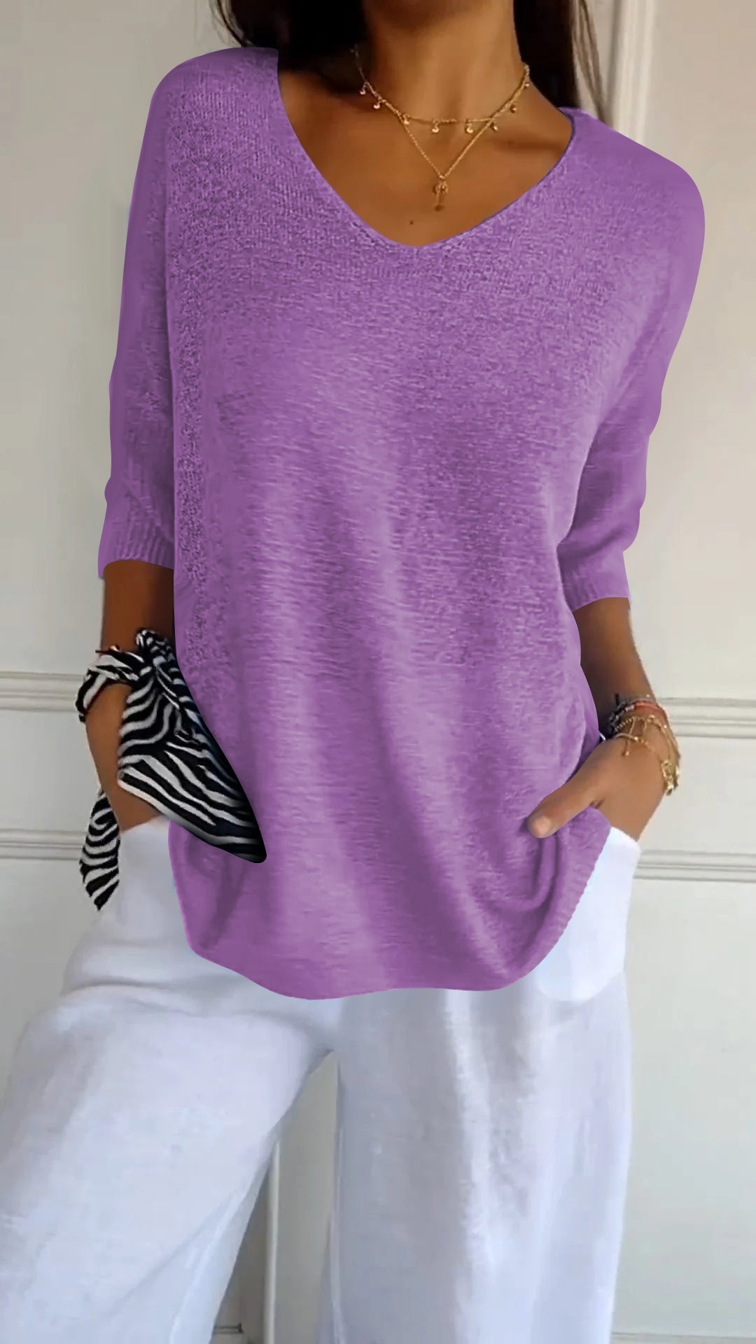 Anaïs | Top en Maille Fine à Col V et Manches Trois-Quarts