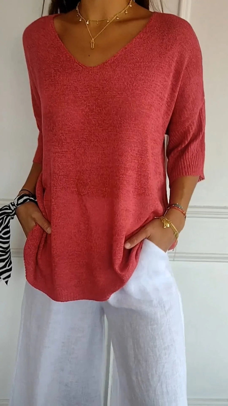 Anaïs | Top en Maille Fine à Col V et Manches Trois-Quarts