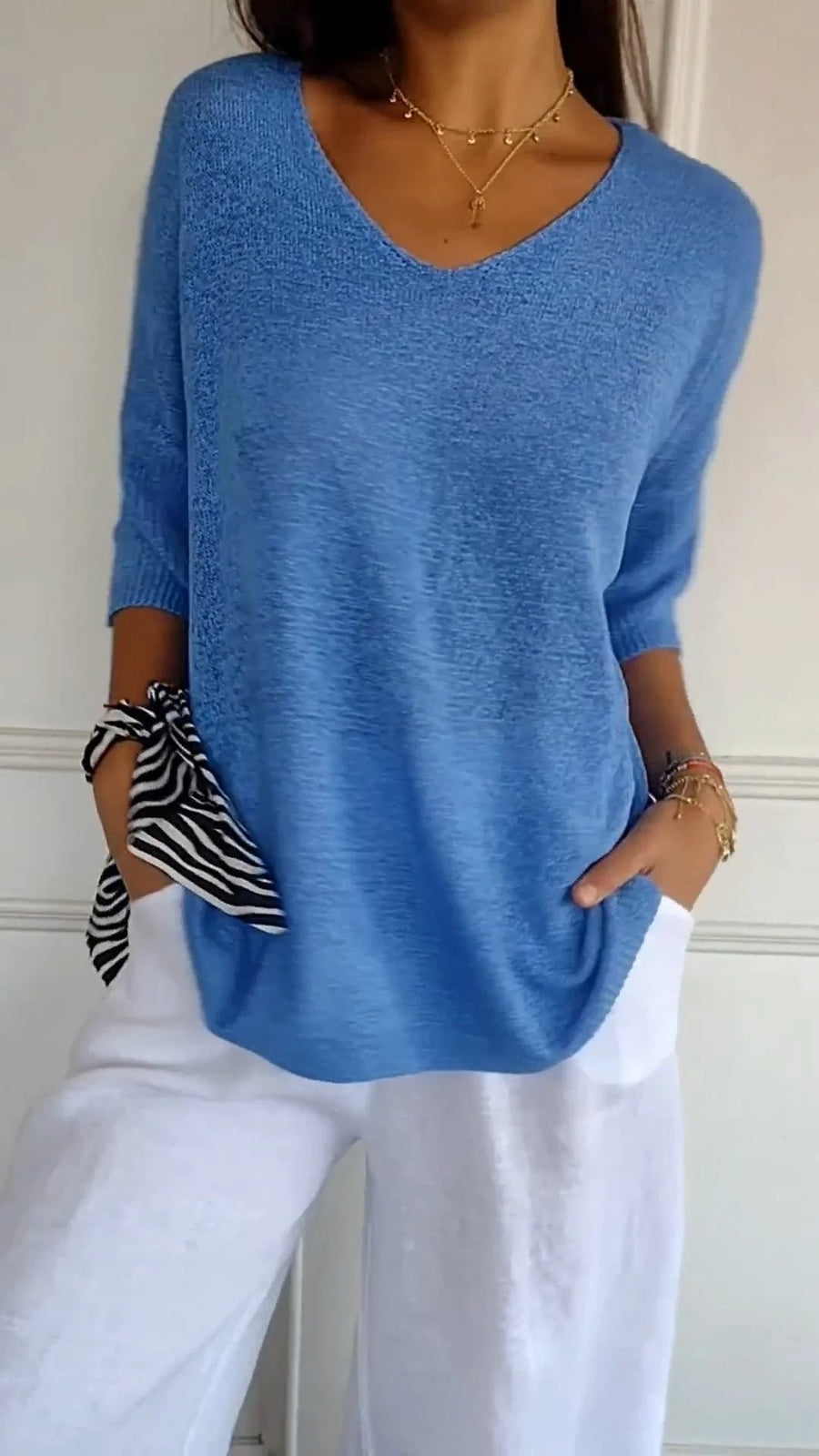 Anaïs | Top en Maille Fine à Col V et Manches Trois-Quarts