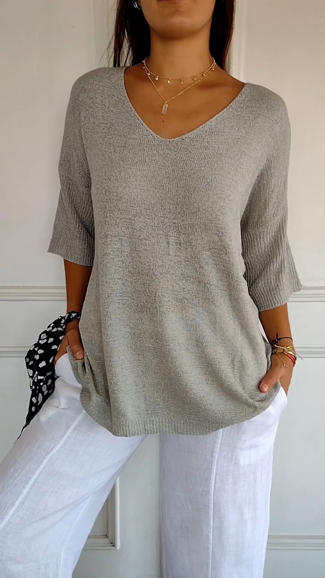 Anaïs | Top en Maille Fine à Col V et Manches Trois-Quarts