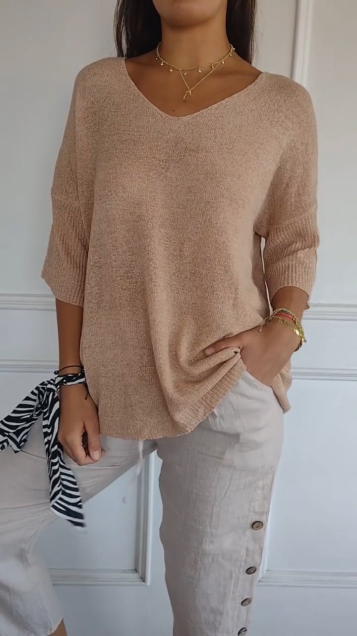 Anaïs | Top en Maille Fine à Col V et Manches Trois-Quarts
