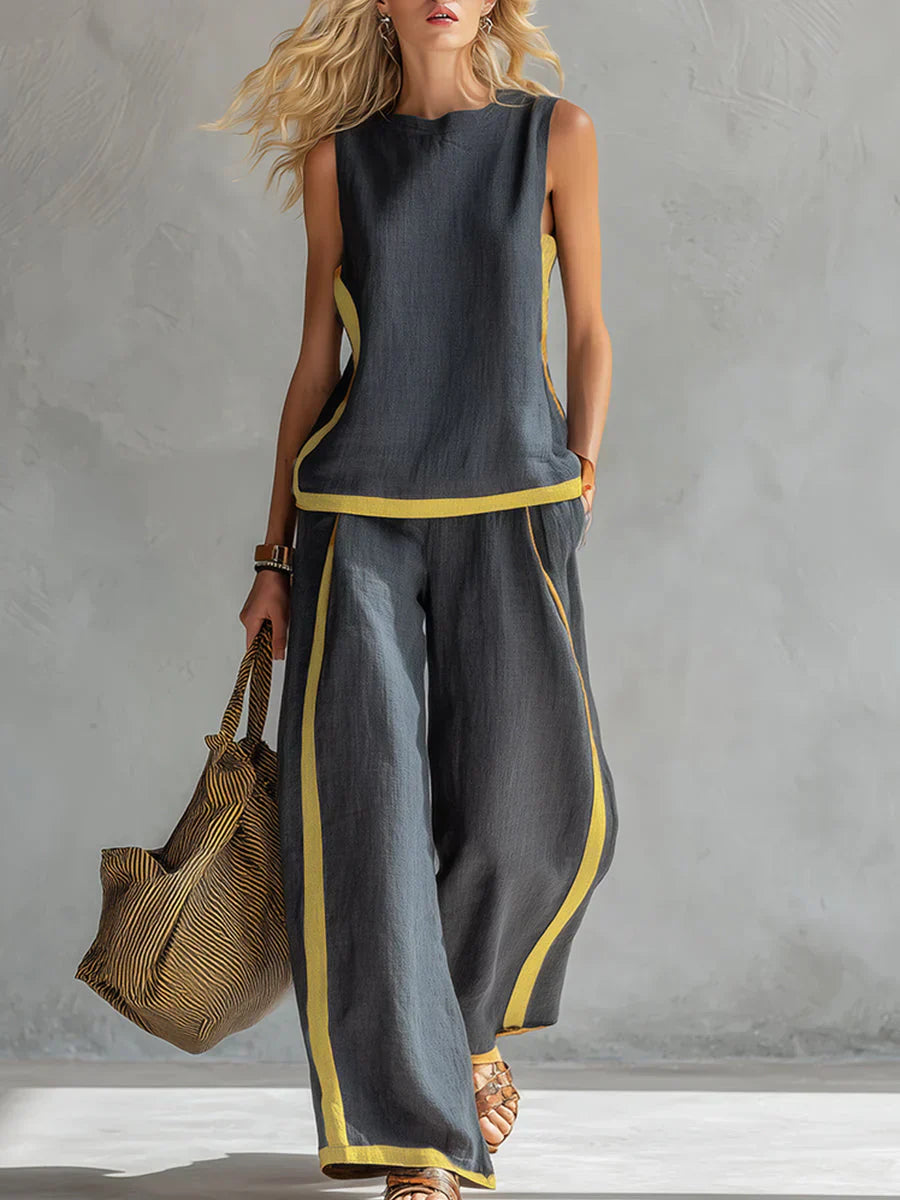 Constance | Ensemble Sans Manches et Pantalon Large à Finitions Bicolores