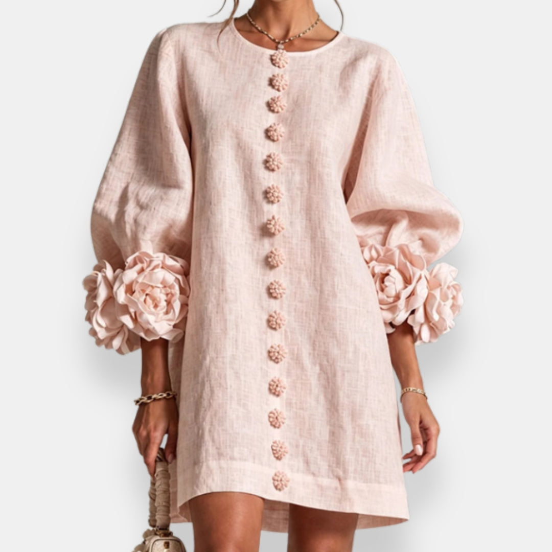 Marcelle | Robe Droite à Fleurs en Relief et Manches Ballon