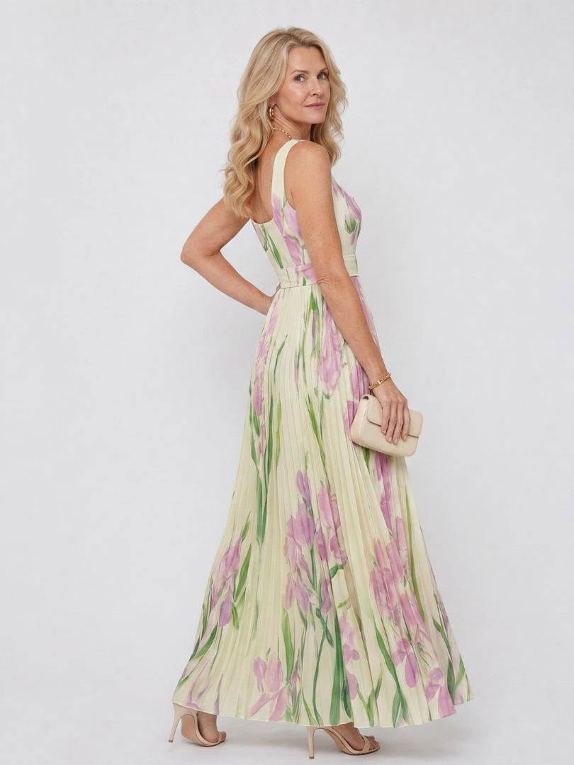 Marthe | Robe Longue Plissée Sans Manches à Imprimé Iris