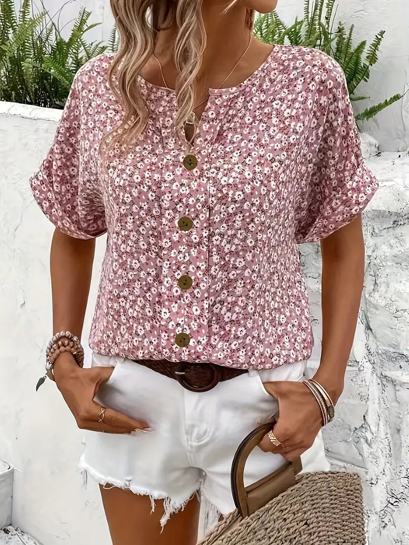 Jelena | Blouse à Fleurettes et Boutons Bois