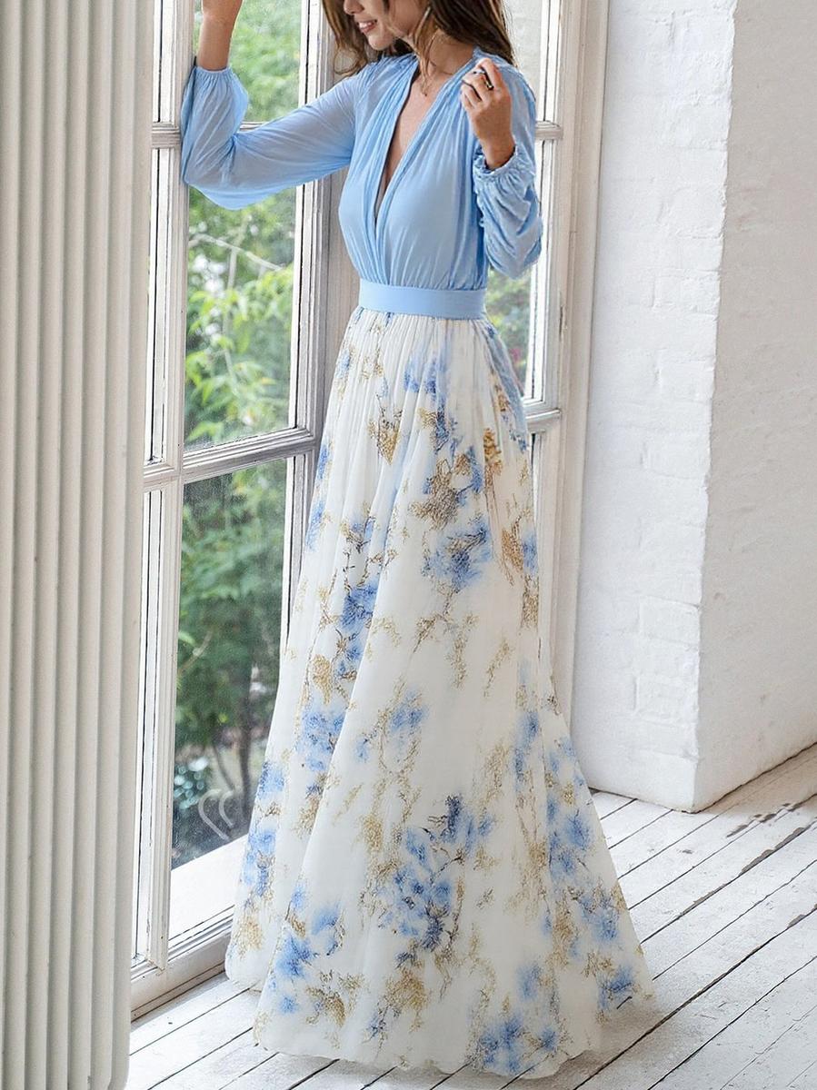Blanche | Robe Longue Bicolore à Jupe Fleurie et Manches Longues
