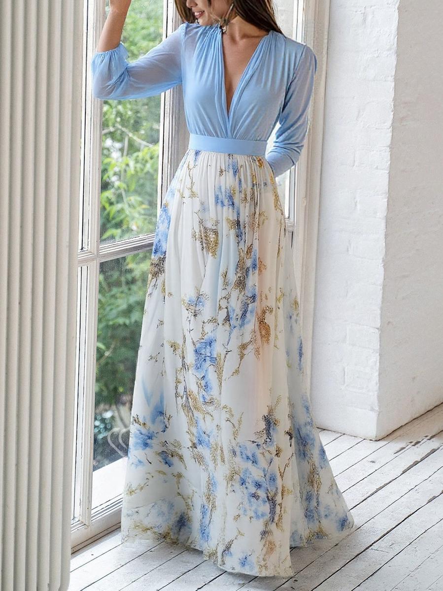 Blanche | Robe Longue Bicolore à Jupe Fleurie et Manches Longues