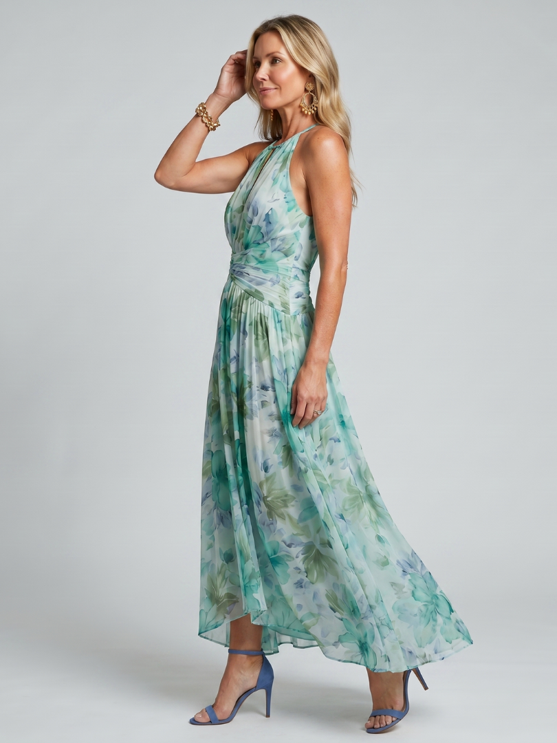 Gaëlle | Robe Longue Fleurie à Encolure Américaine et Jupe Plissée