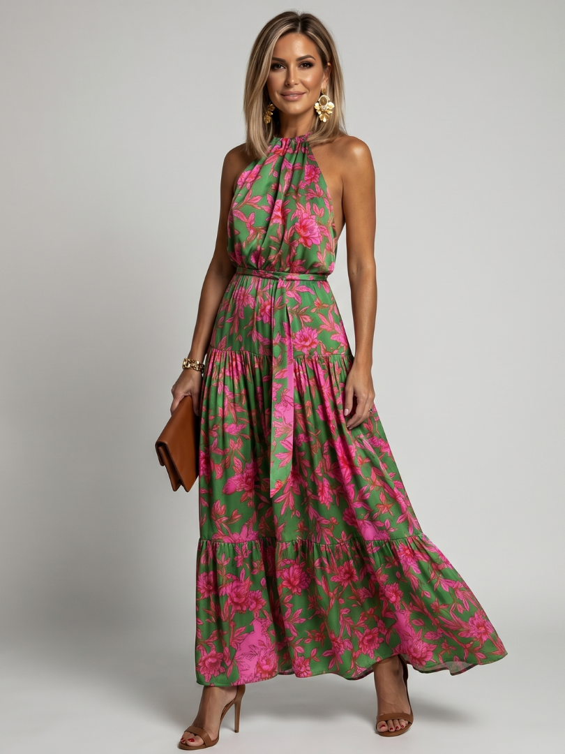 Myriam | Robe Longue Fleurie à Ceinture à Nouer et Jupe à Volants