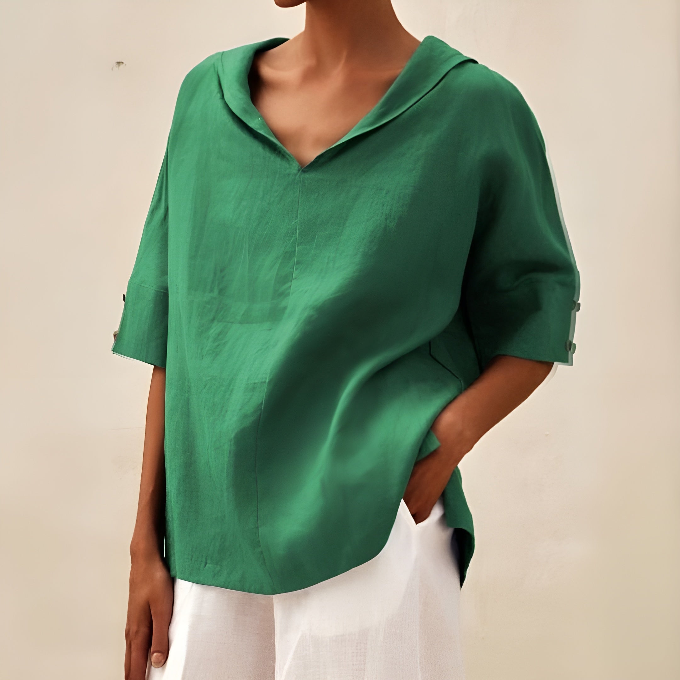 Lyndzi | Blouse en Lin à Col Châle et Manches Boutonnées