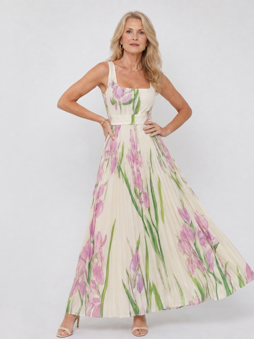 Marthe | Robe Longue Plissée Sans Manches à Imprimé Iris