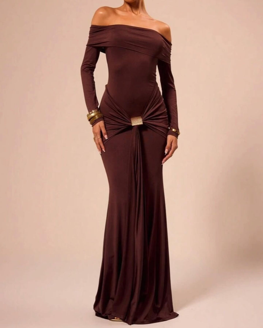 Maria | Robe Maxi Épaules Dénudées avec Drapé