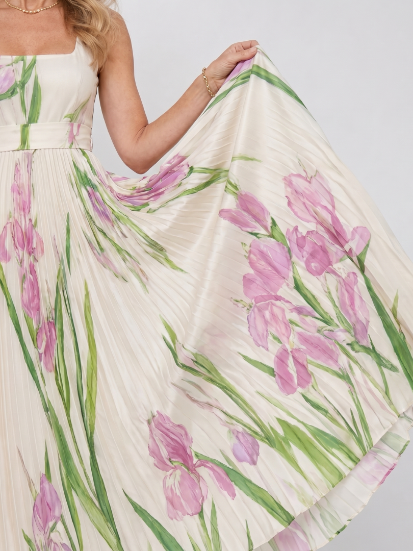 Marthe | Robe Longue Plissée Sans Manches à Imprimé Iris