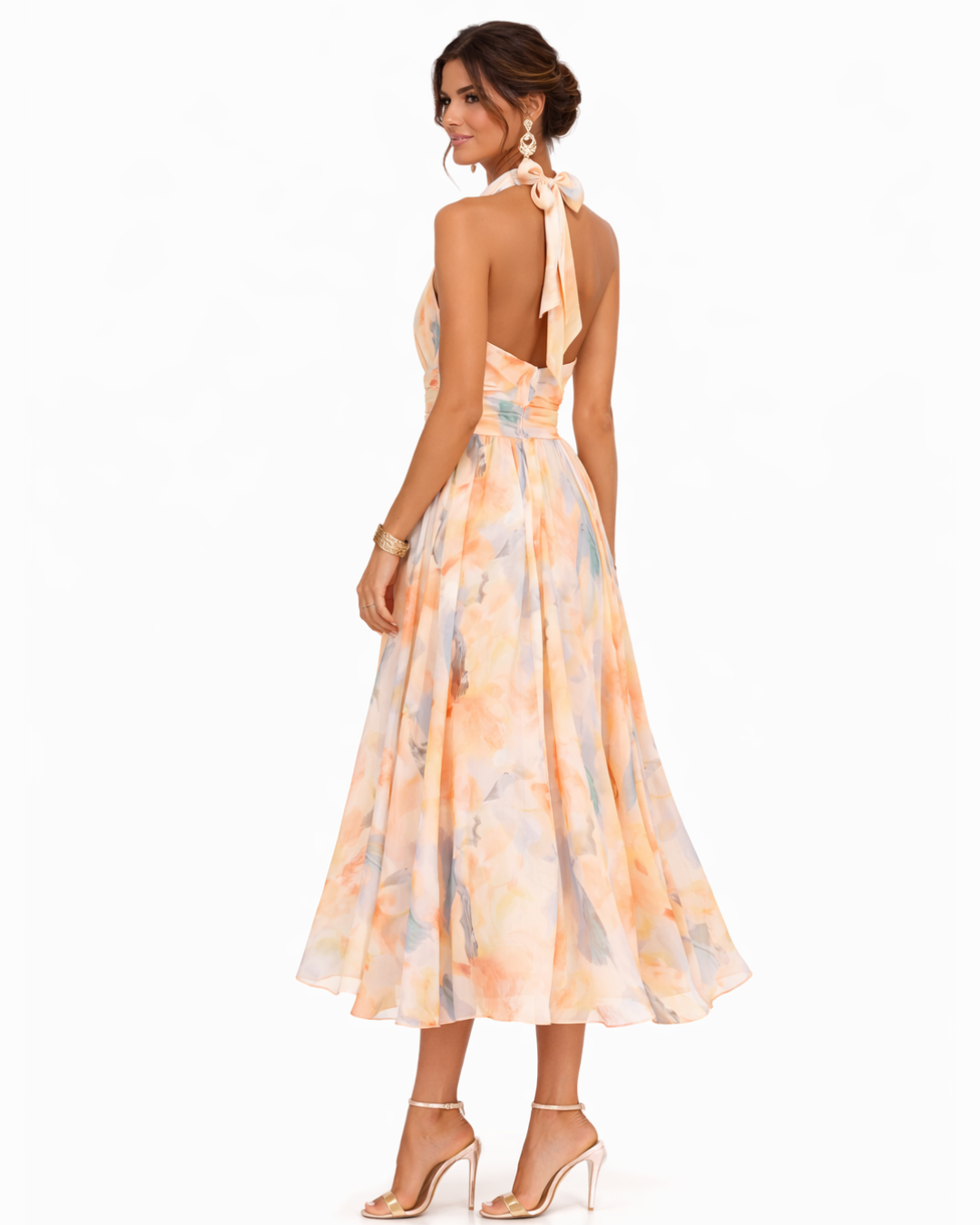 Noëlle | Robe Longue Fleurie à Col Montant et Jupe Ample