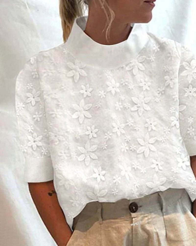 Doutzen | Blouse Blanche à Fleurs Brodées et Col Montant
