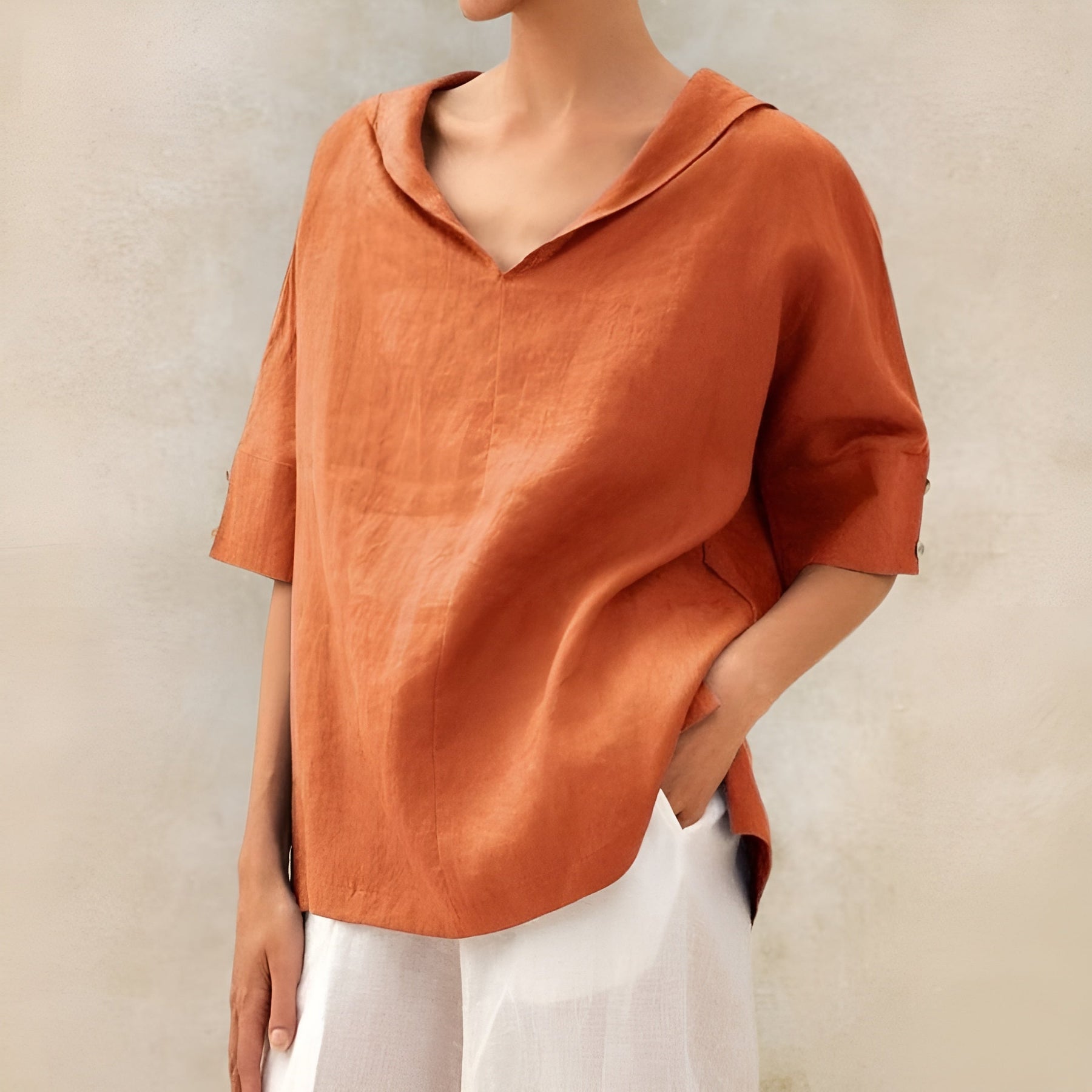 Lyndzi | Blouse en Lin à Col Châle et Manches Boutonnées
