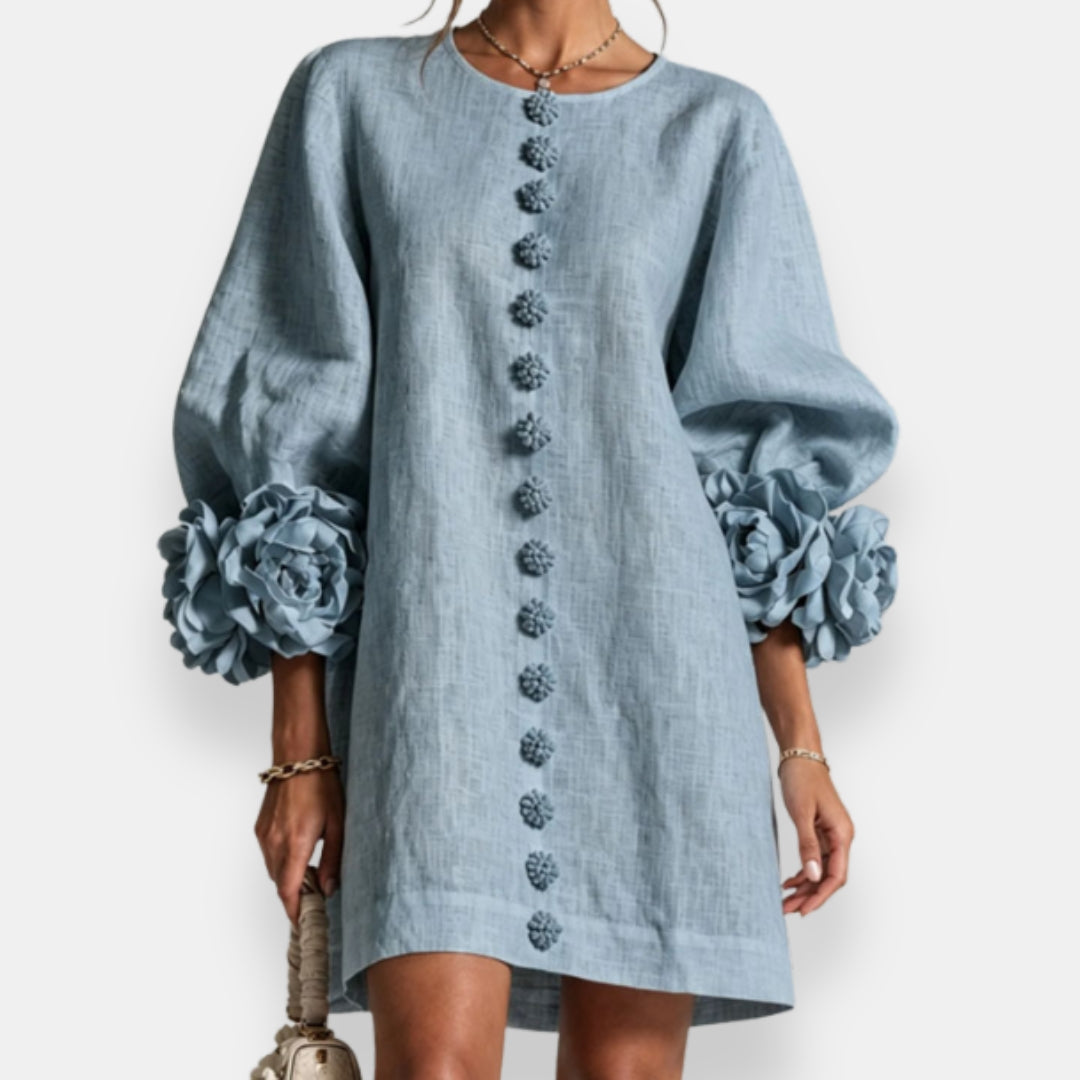 Marcelle | Robe Droite à Fleurs en Relief et Manches Ballon