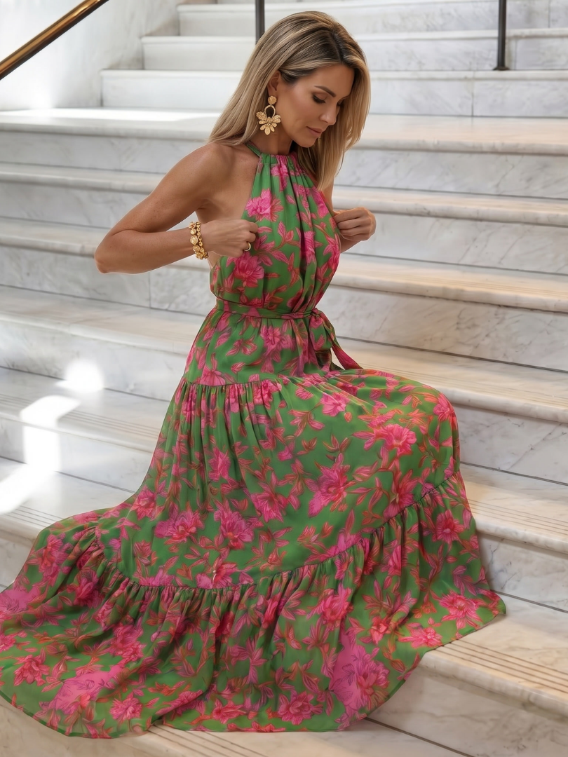 Myriam | Robe Longue Fleurie à Ceinture à Nouer et Jupe à Volants