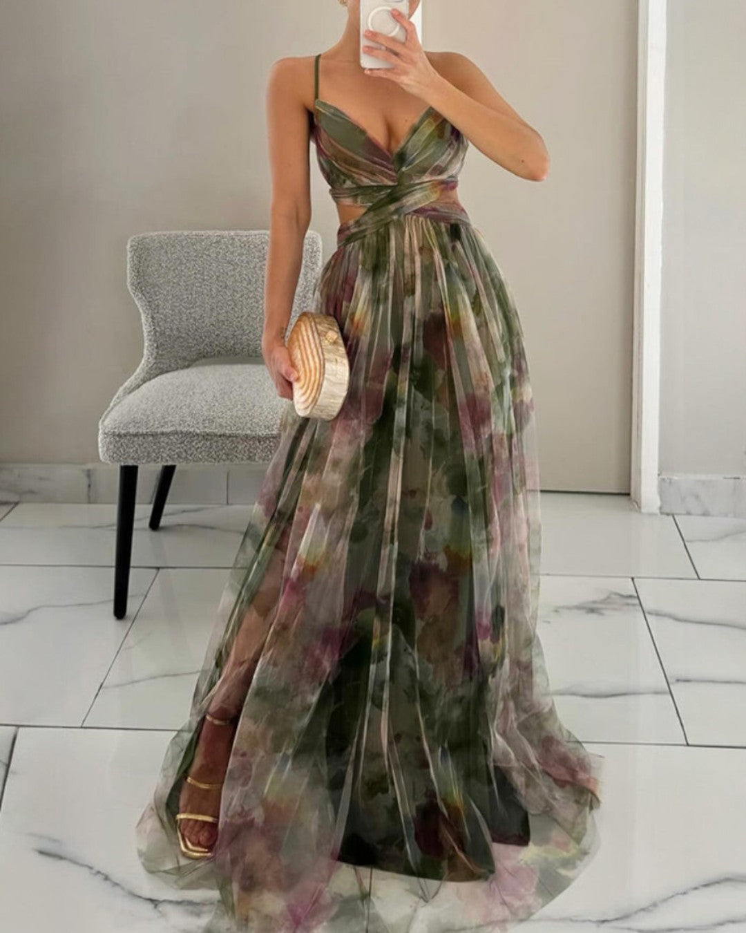 Aude | Robe Longue à Fines Bretelles et Imprimé Aquarelle
