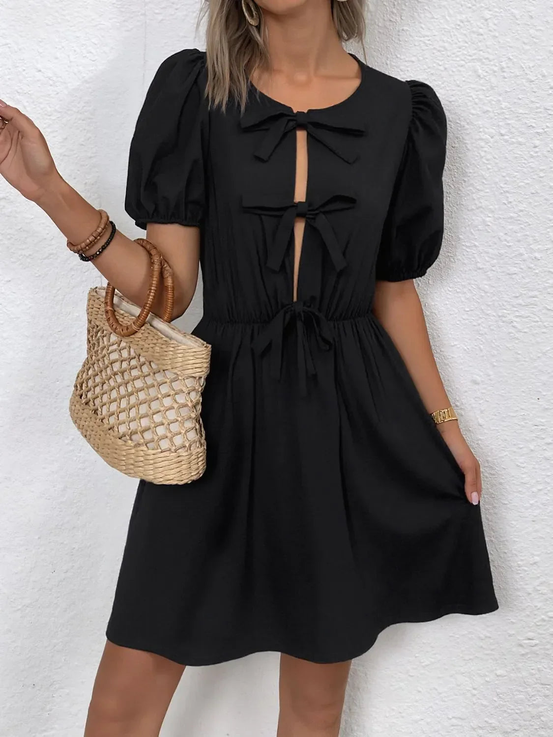 Eléa | Robe à Nœuds avec Manches Bouffantes