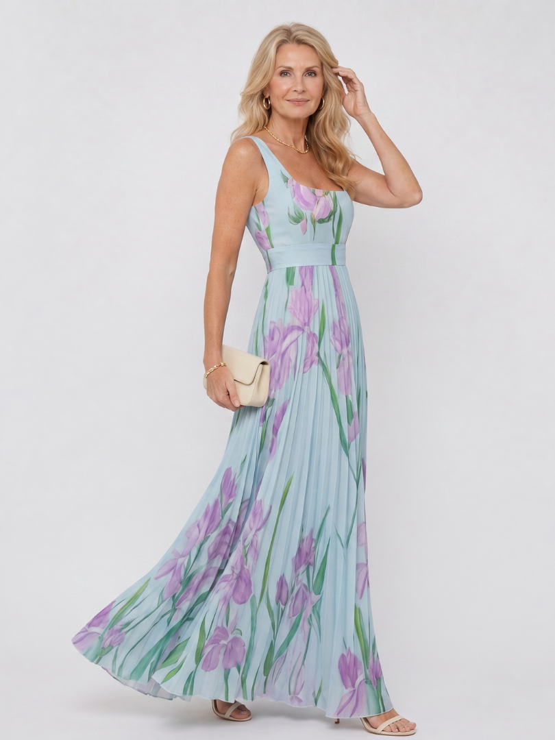 Marthe | Robe Longue Plissée Sans Manches à Imprimé Iris