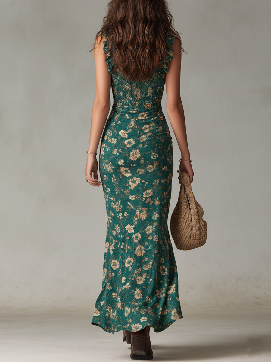 Églantine | Robe Longue Fleurie à Bustier Froncé et Bretelles à Volants