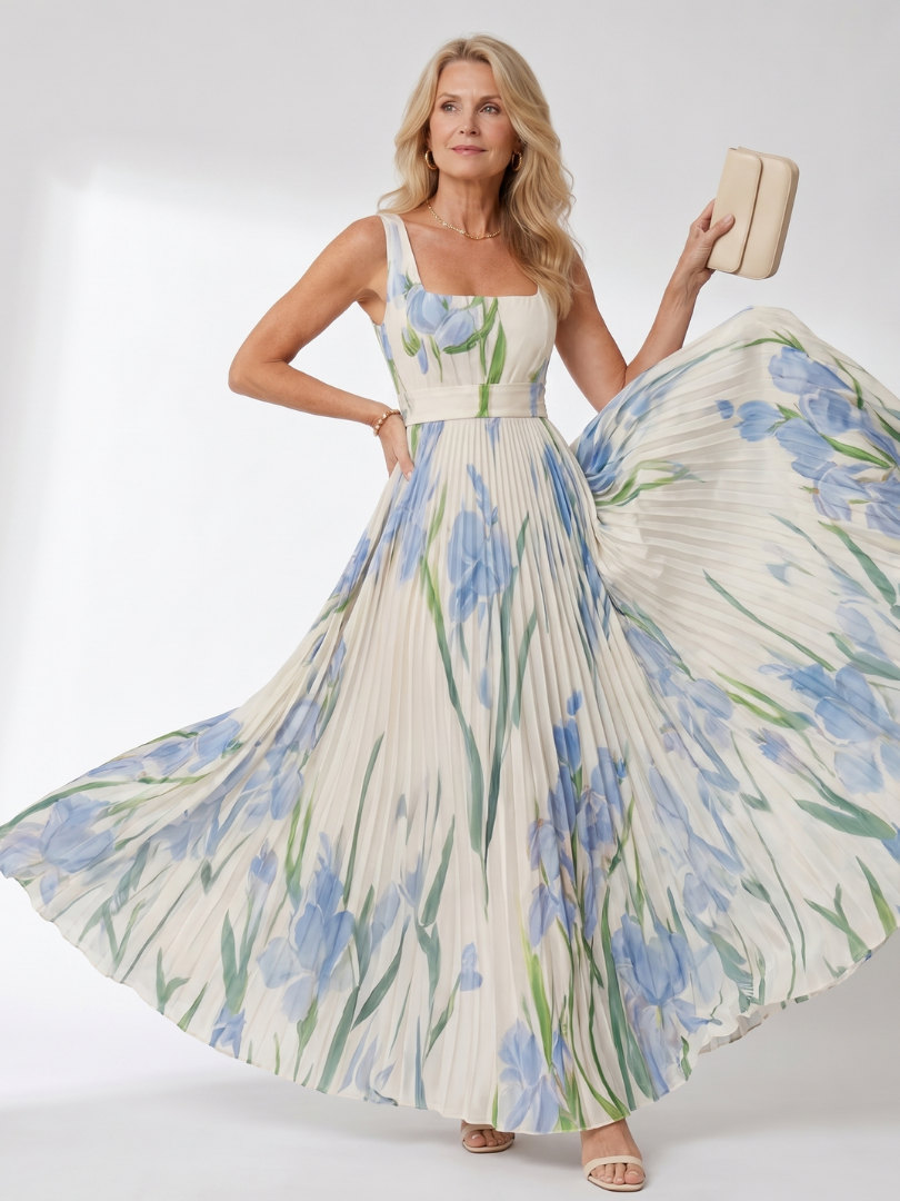 Marthe | Robe Longue Plissée Sans Manches à Imprimé Iris