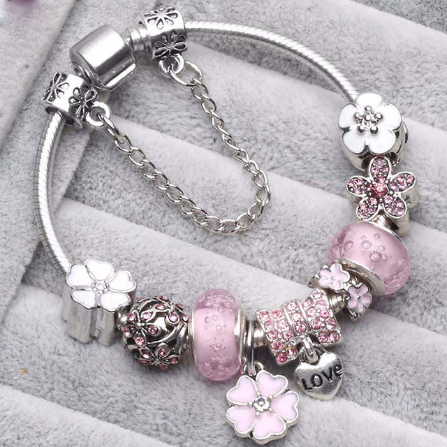 Solange | Bracelet Vintage Argenté aux Charms Roses