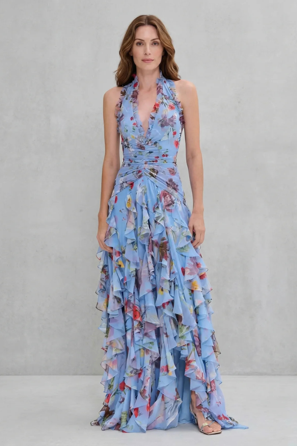 Ludivine | Robe Longue Fleurie à Volants en Cascade et Dos Nu