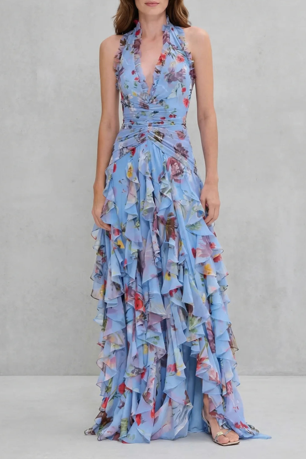 Ludivine | Robe Longue Fleurie à Volants en Cascade et Dos Nu