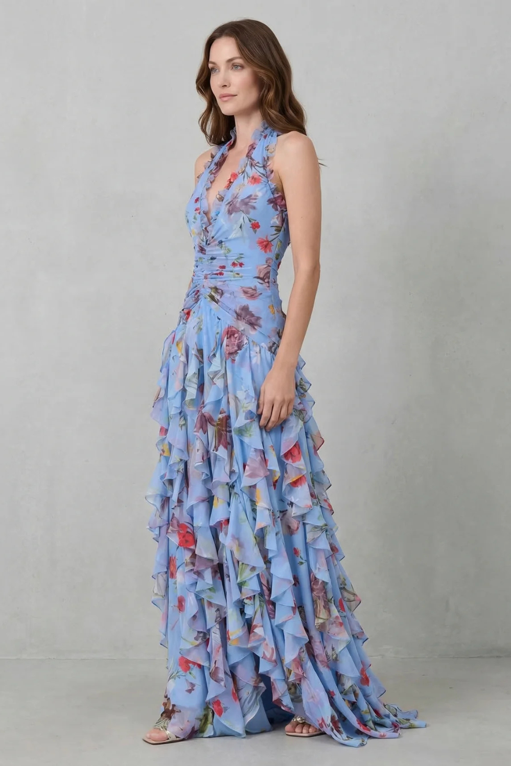 Ludivine | Robe Longue Fleurie à Volants en Cascade et Dos Nu