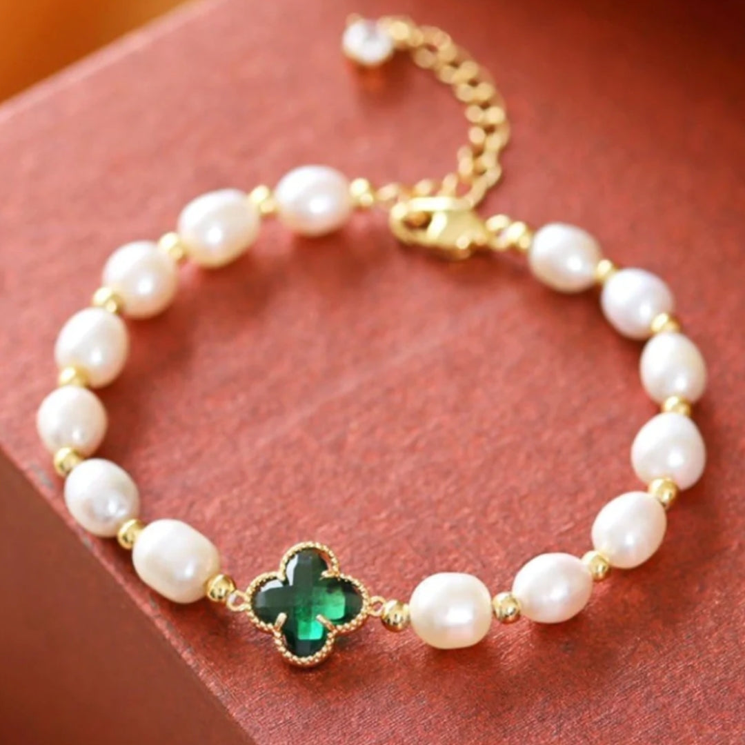 Hortense | Bracelet Perlé Trèfle Émeraude